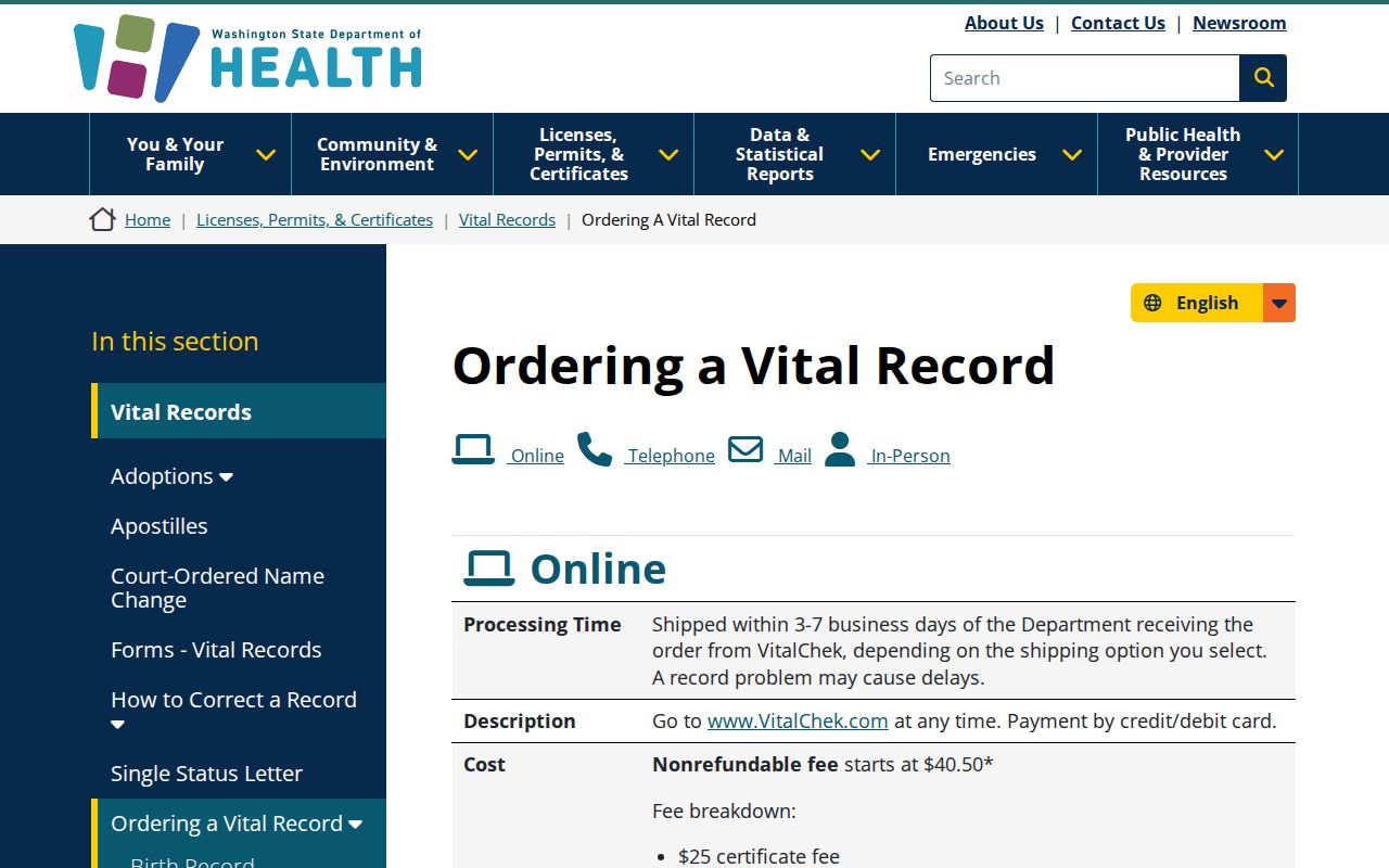 Washington Department of Health vital record ordering options for a Burien resident lookup